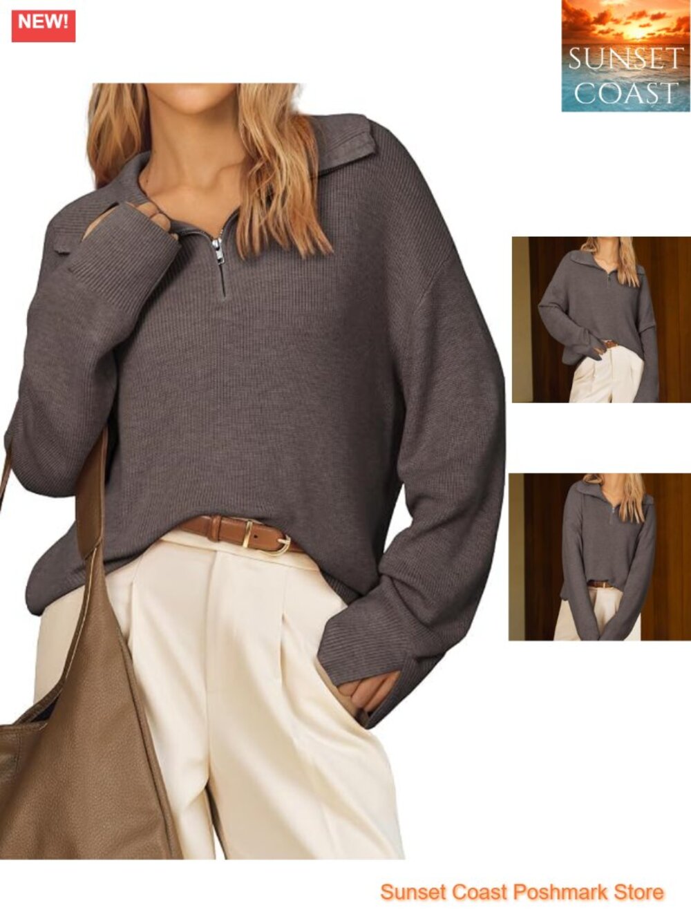 Wool Blend Oversized Quarter Zip Sweater Long Sleeve Pullover